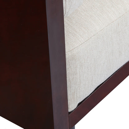 Canapé 3 places beige avec pieds en bois et cadre apparent