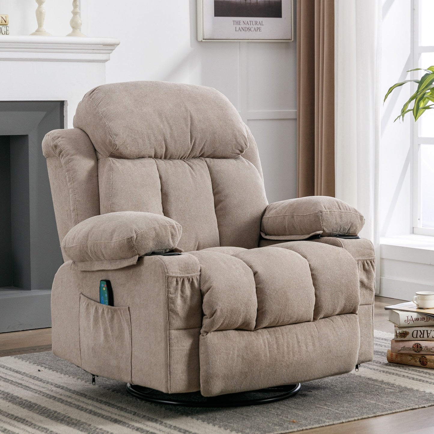 Fauteuil inclinable beige pivotant à 360 degrés avec massage et chauffage, chargement USB, 2 porte-gobelets, grandes poches latérales
