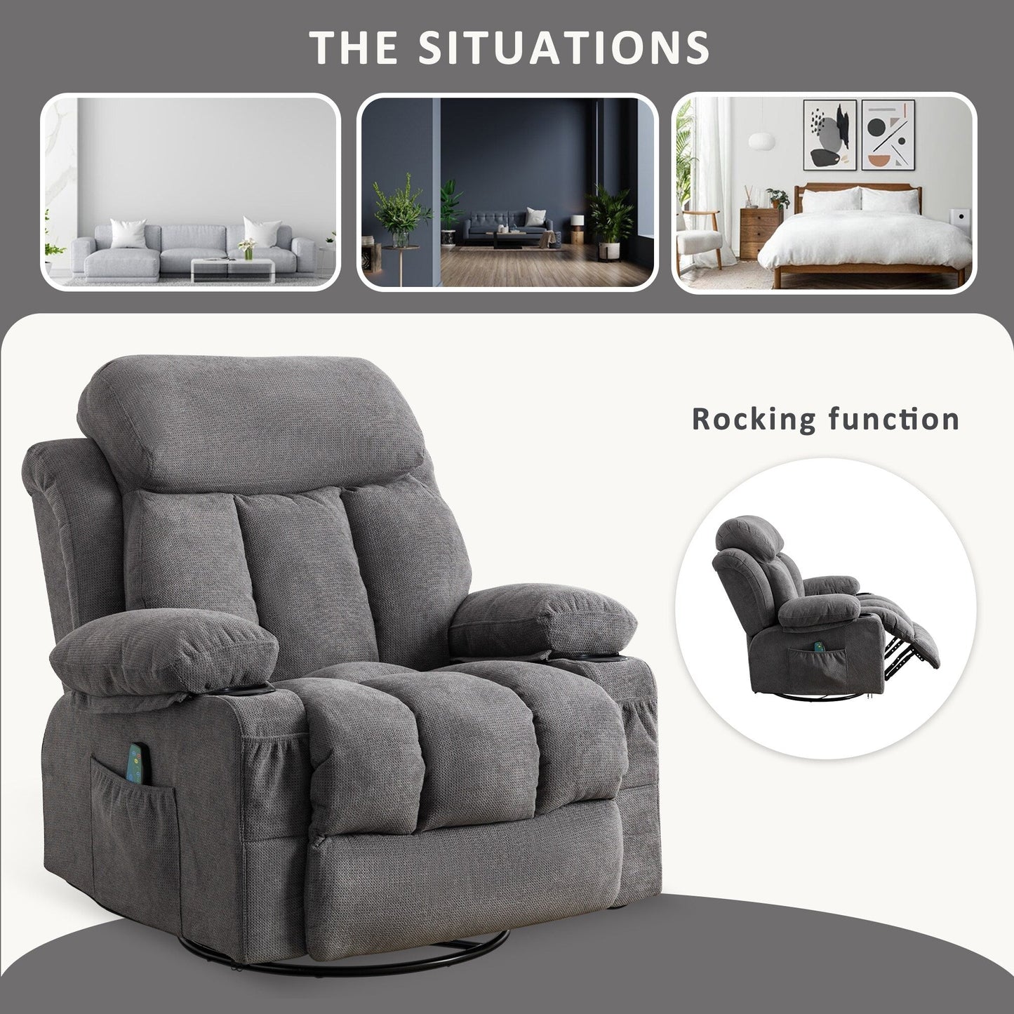 Fauteuil inclinable beige pivotant à 360 degrés avec massage et chauffage, chargement USB, 2 porte-gobelets, grandes poches latérales