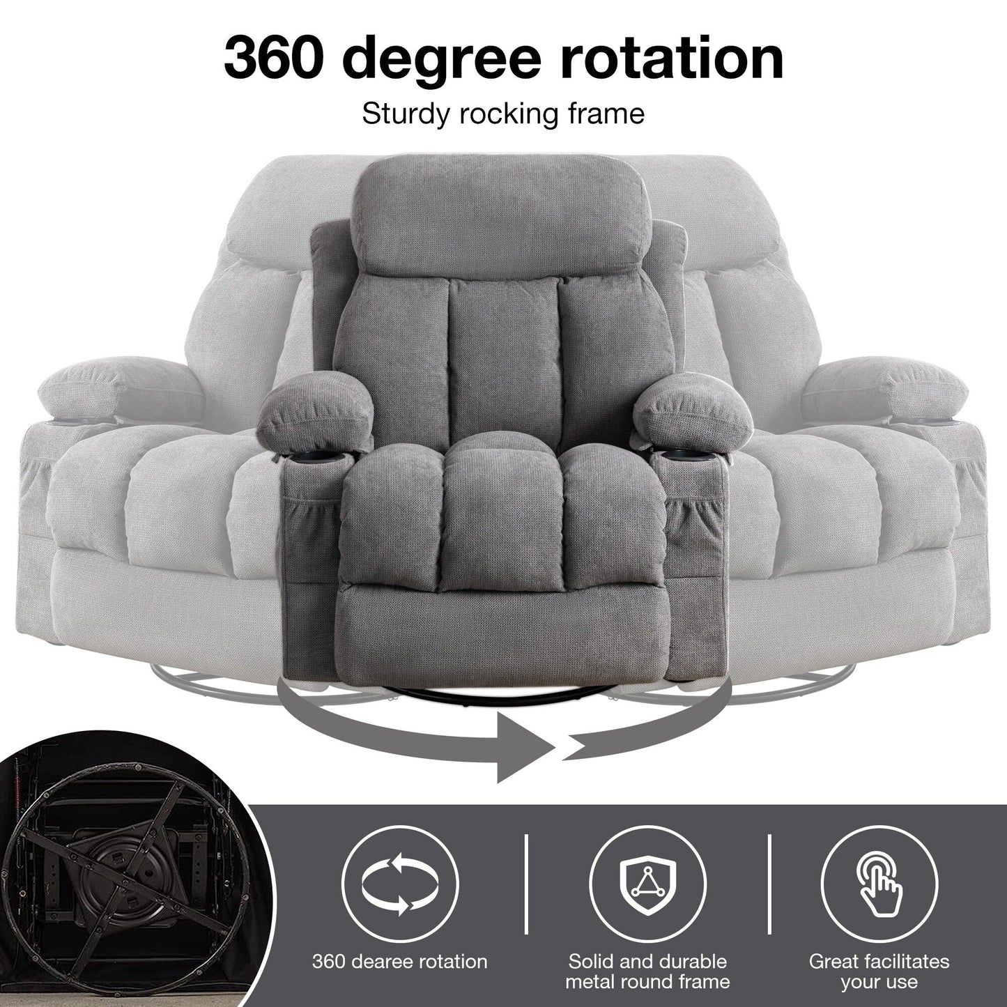 Fauteuil inclinable beige pivotant à 360 degrés avec massage et chauffage, chargement USB, 2 porte-gobelets, grandes poches latérales