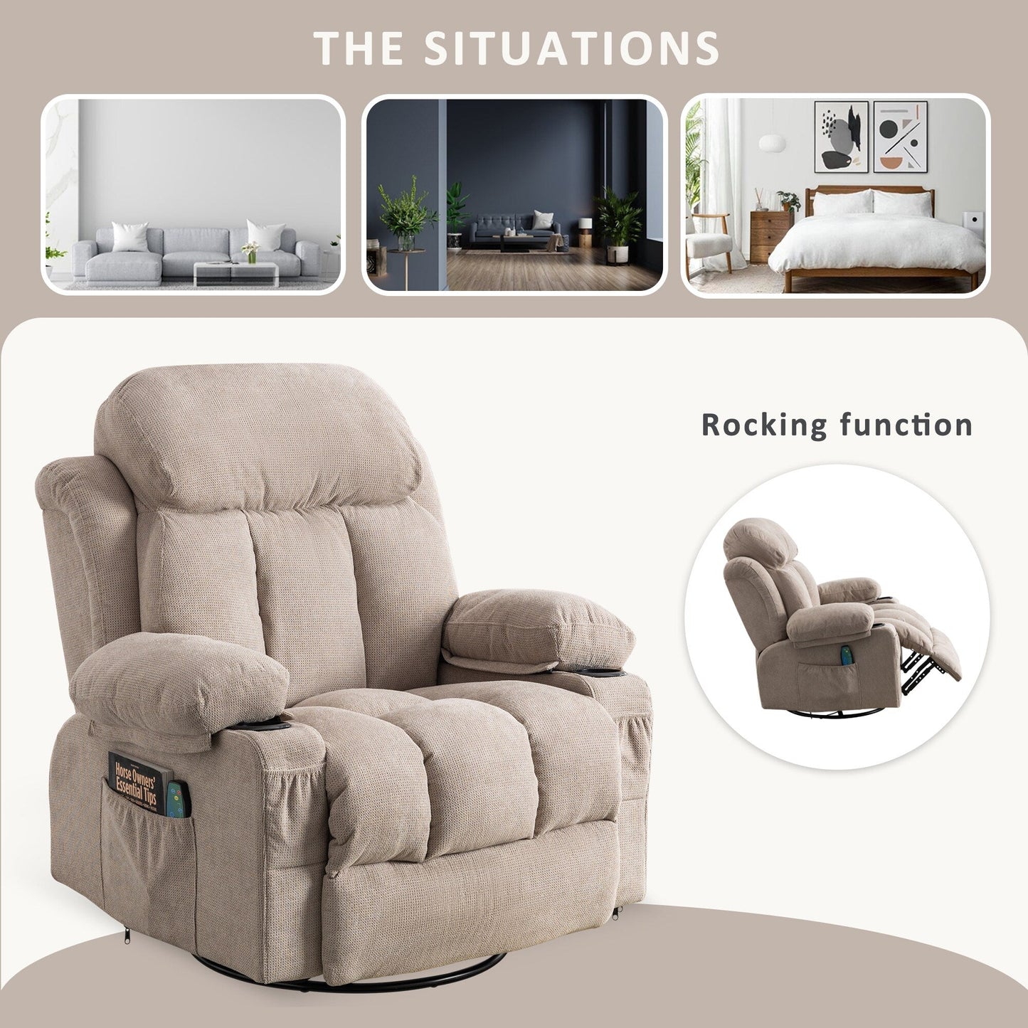Fauteuil inclinable pivotant à 360 degrés beige avec massage et chauffage, chargement USB, deux porte-gobelets et grandes poches latérales