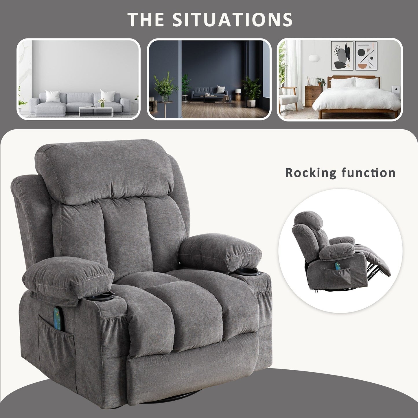 Fauteuil inclinable pivotant à 360° beige avec massage, chauffage, port USB et porte-gobelets