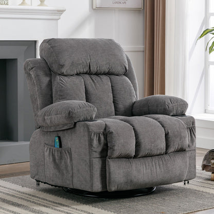 Fauteuil inclinable pivotant à 360° beige avec massage chauffant, ports de chargement USB, 2 porte-gobelets et grandes poches latérales