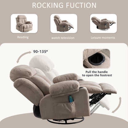 Fauteuil inclinable pivotant à 360° beige avec massage chauffant, ports de chargement USB, 2 porte-gobelets et grandes poches latérales