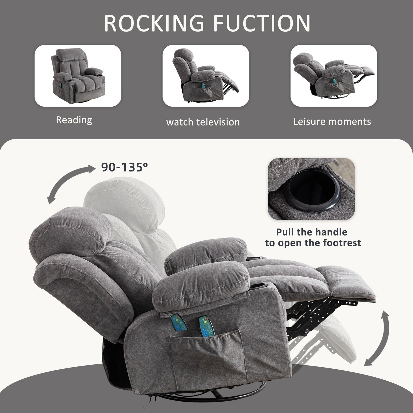 Fauteuil inclinable pivotant à 360° beige avec massage chauffant, ports de chargement USB, 2 porte-gobelets et grandes poches latérales