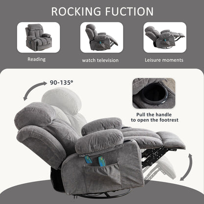 Fauteuil inclinable pivotant à 360° beige avec massage chauffant, ports de chargement USB, 2 porte-gobelets et grandes poches latérales