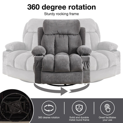 Fauteuil inclinable pivotant à 360° beige avec massage chauffant, ports de chargement USB, 2 porte-gobelets et grandes poches latérales