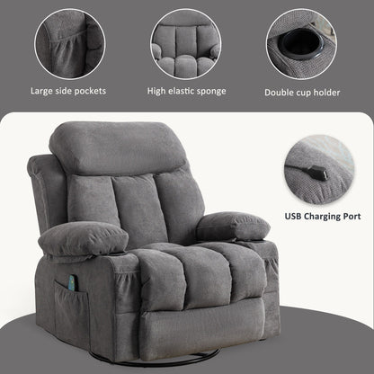 Fauteuil inclinable pivotant à 360° beige avec massage et chauffage, chargement USB, deux porte-gobelets et grandes poches latérales