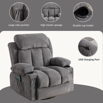 Fauteuil inclinable pivotant à 360° beige avec massage et chauffage, chargement USB, deux porte-gobelets et grandes poches latérales