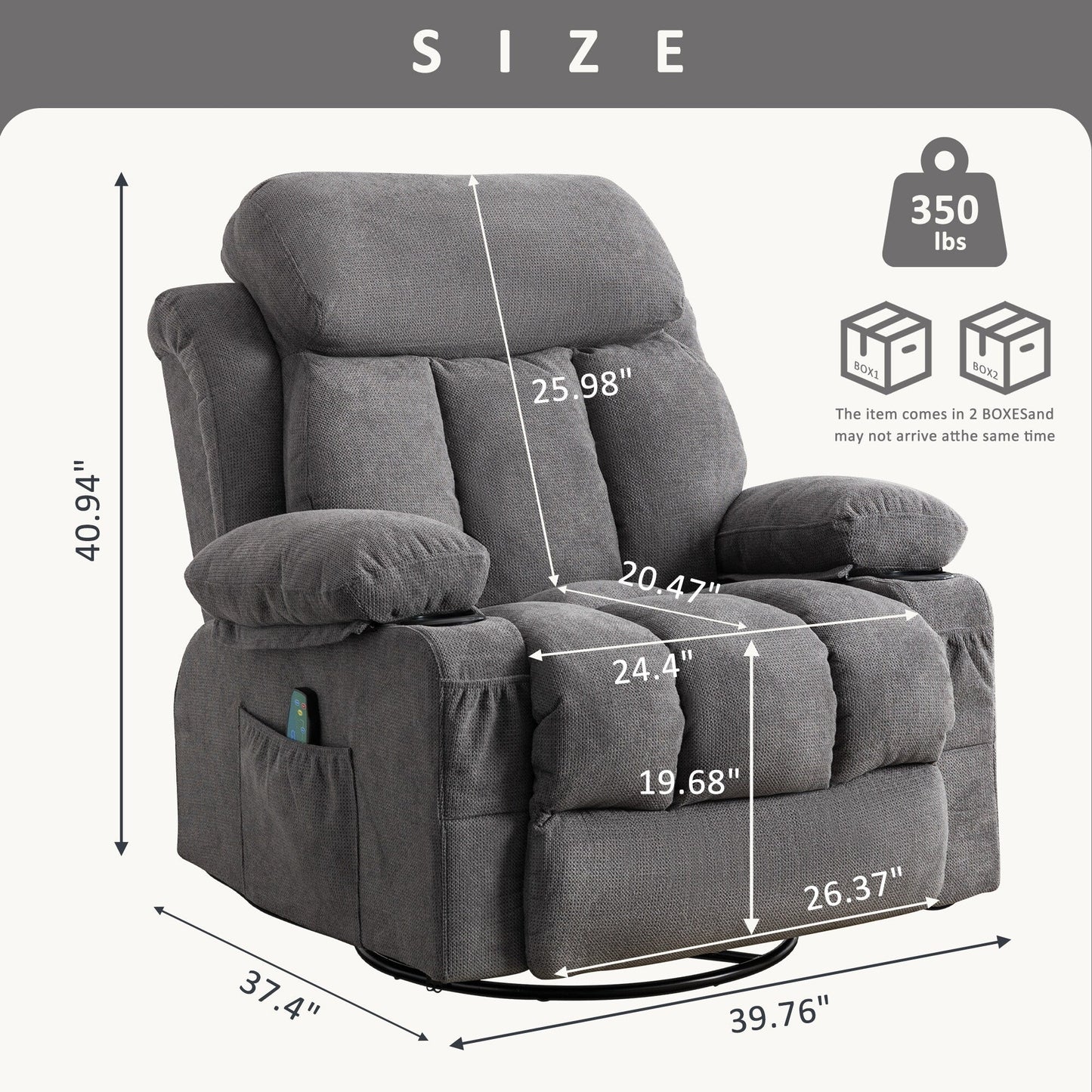 Fauteuil inclinable pivotant à 360° beige avec massage et chauffage, chargement USB, deux porte-gobelets et grandes poches de rangement