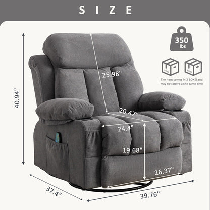 Fauteuil inclinable pivotant à 360° beige avec massage et chauffage, chargement USB, deux porte-gobelets et grandes poches de rangement