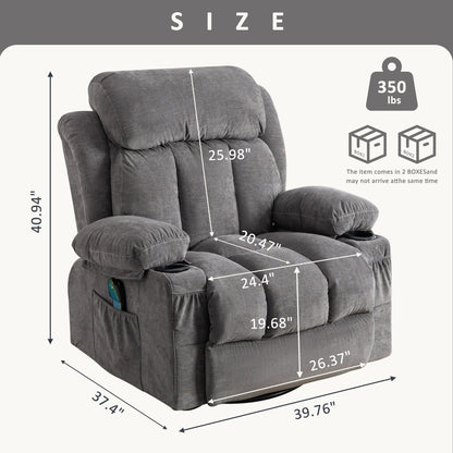 Fauteuil inclinable pivotant à 360° beige avec massage et chauffage, chargement USB, deux porte-gobelets et grandes poches de rangement