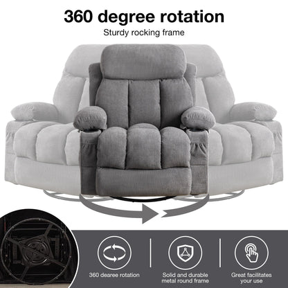 Fauteuil inclinable pivotant à 360° beige avec massage et chauffage, chargement USB, deux porte-gobelets et grandes poches de rangement