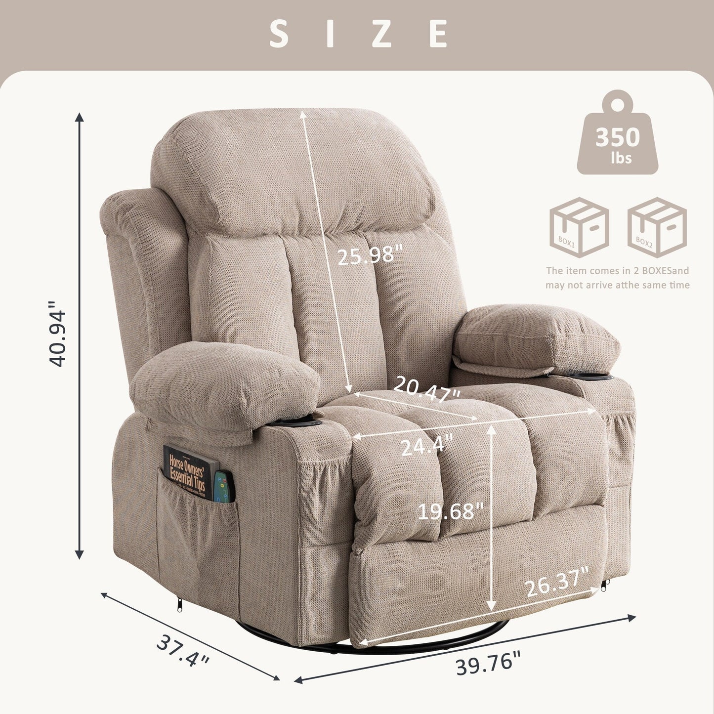 Fauteuil inclinable pivotant à 360° beige avec massage et chauffage, chargement USB, deux porte-gobelets et grandes poches de rangement