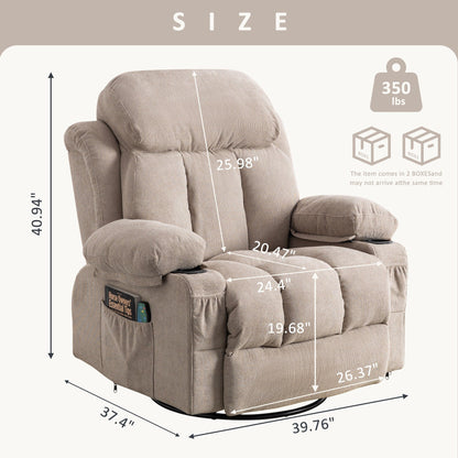 Fauteuil inclinable pivotant à 360° beige avec massage et chauffage, chargement USB, deux porte-gobelets et grandes poches de rangement