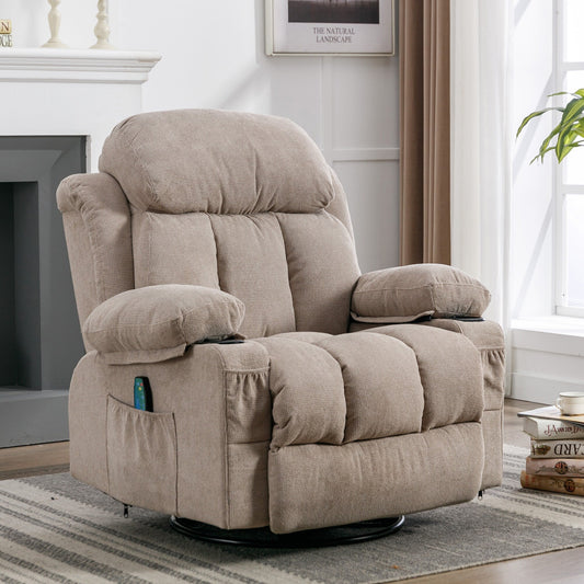 Fauteuil inclinable pivotant à 360° beige avec massage, chauffage, chargement USB, deux porte-gobelets et grandes poches latérales