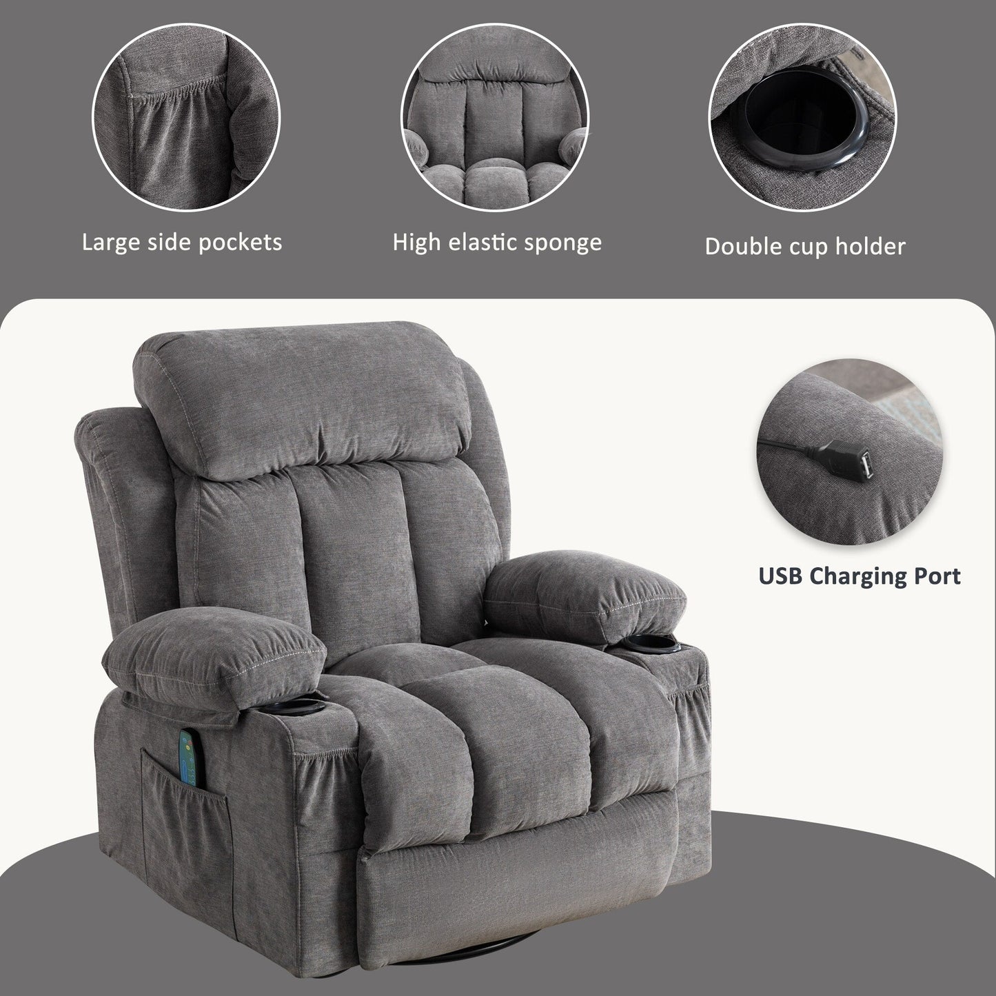 Fauteuil inclinable pivotant à 360° beige avec massage, chauffage, chargement USB, deux porte-gobelets et grandes poches latérales