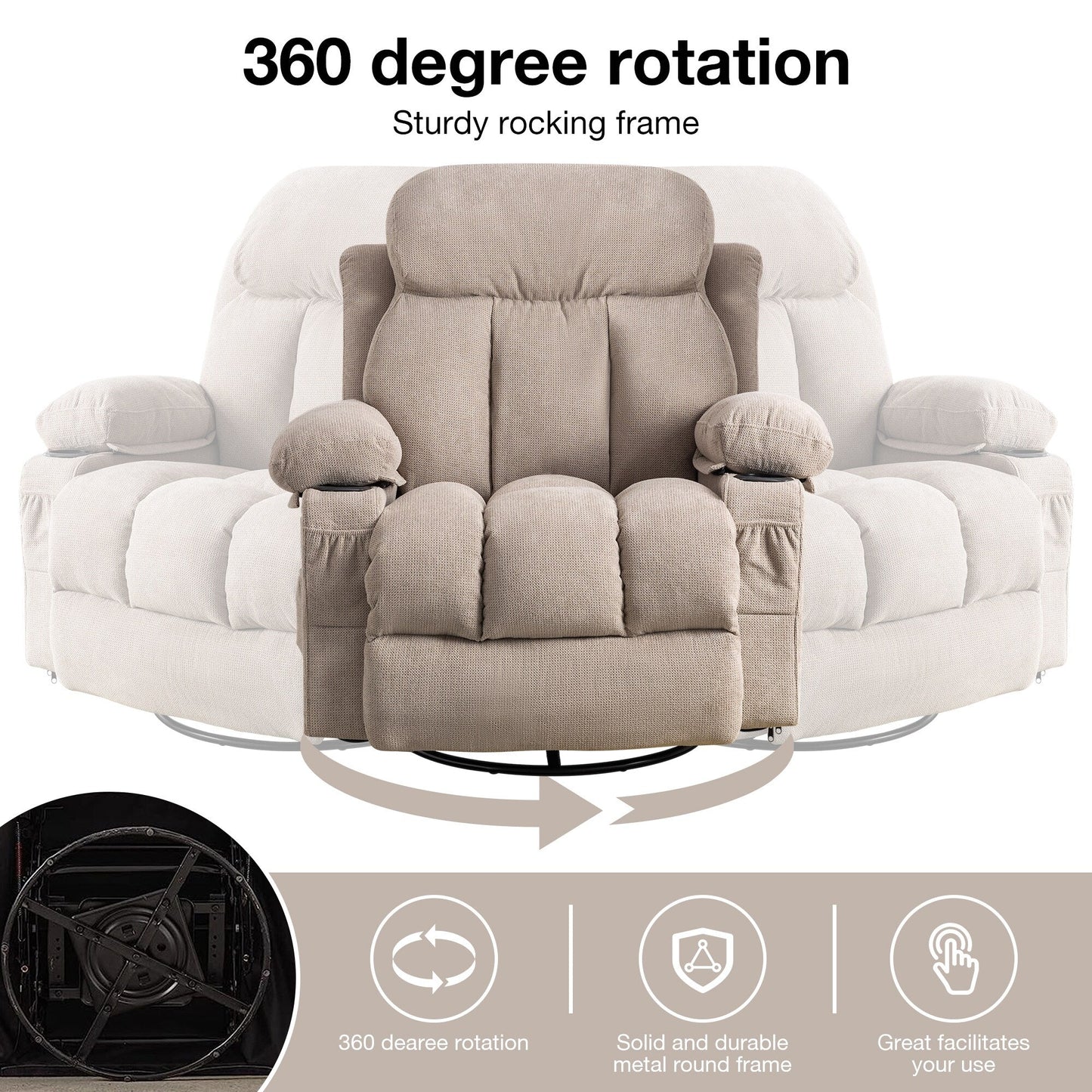 Fauteuil inclinable pivotant à 360° beige avec massage, chauffage, chargement USB, deux porte-gobelets et grand compartiment de rangement