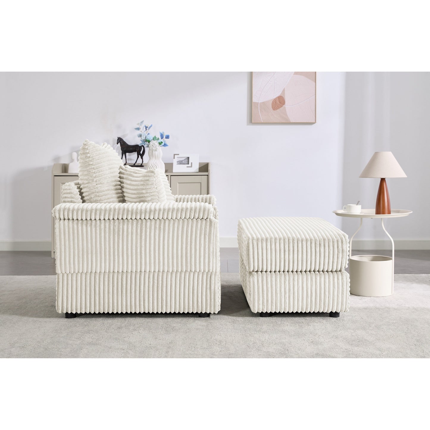 Canapé simple profond en velours côtelé beige 42,52 po avec pouf amovible, accoudoir avec rangement et 2 coussins décoratifs