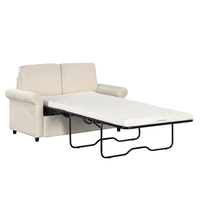 Canapé-lit gigogne 2 en 1 en velours beige 57,4 po avec surmatelas double de qualité supérieure et deux ports USB
