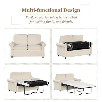Canapé-lit gigogne 2 en 1 en velours beige 57,4 po avec surmatelas double de qualité supérieure et deux ports USB