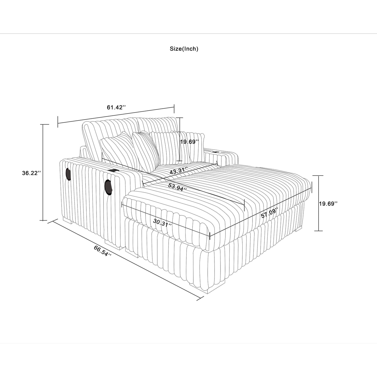 Canapé causeuse beige en velours côtelé 61,42 pouces avec accoudoirs carrés et pouf, haut-parleur Bluetooth, chargeur sans fil, ports USB et porte-gobelet