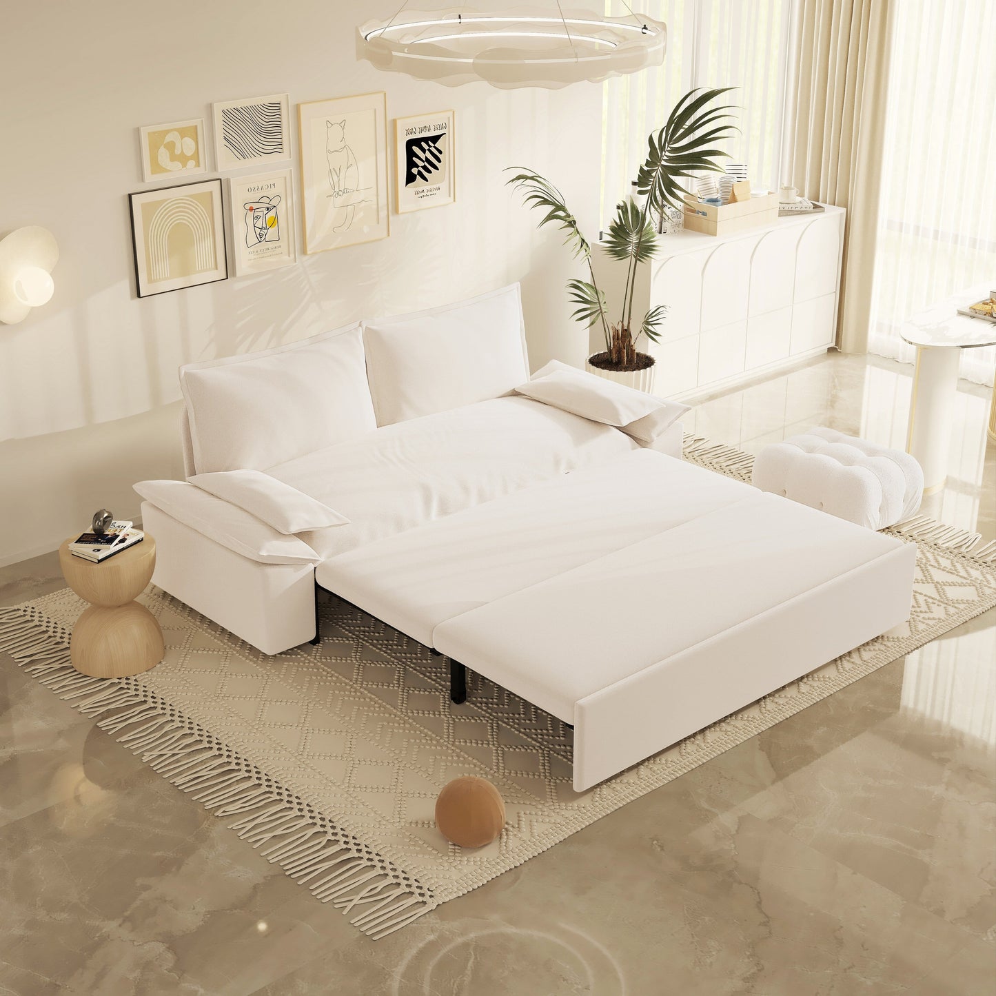 Canapé-lit gigogne 3 en 1 en velours beige 70.1 avec 2 coussins moelleux pour le salon