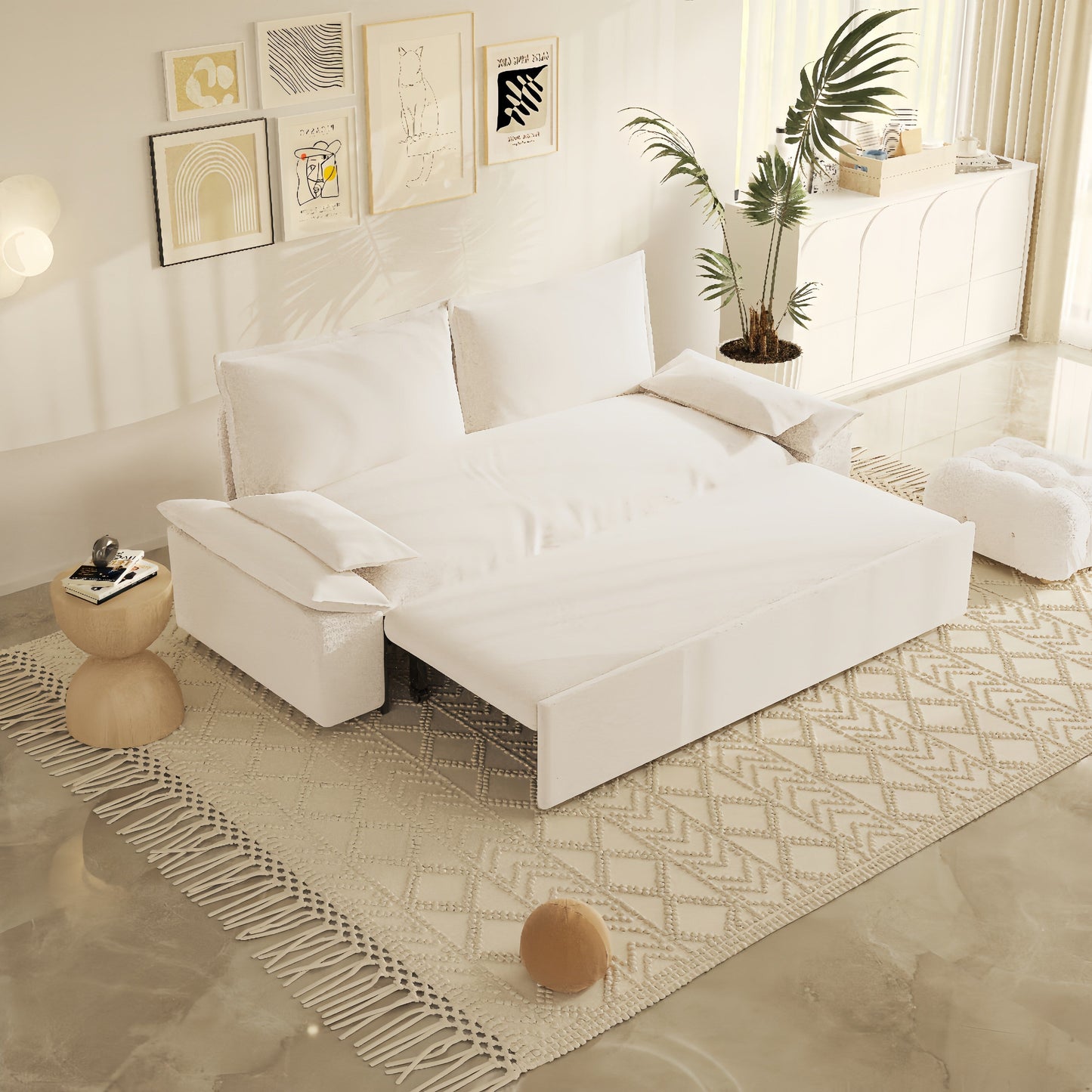 Canapé-lit gigogne 3 en 1 en velours beige 70.1 avec 2 coussins moelleux pour le salon