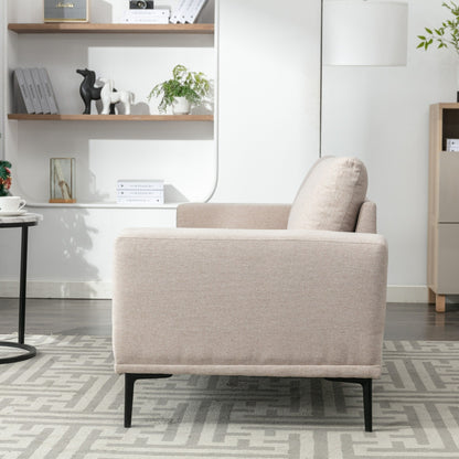 Grand canapé 2 places en tissu beige 74.8 avec coussins amovibles, pieds en fer et accoudoirs carrés