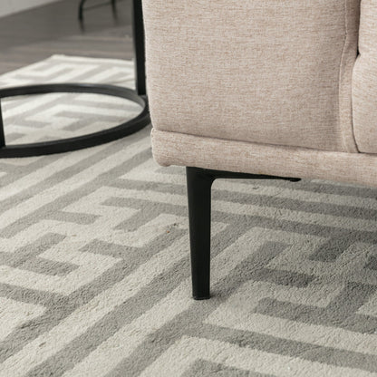 Grand canapé 2 places en tissu beige 74.8 avec coussins amovibles, pieds en fer et accoudoirs carrés