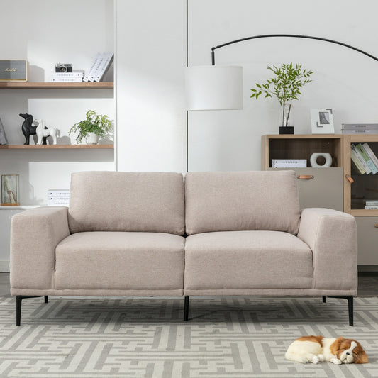 Grand canapé 2 places en tissu beige 74.8 avec coussins amovibles, pieds en fer et accoudoirs carrés