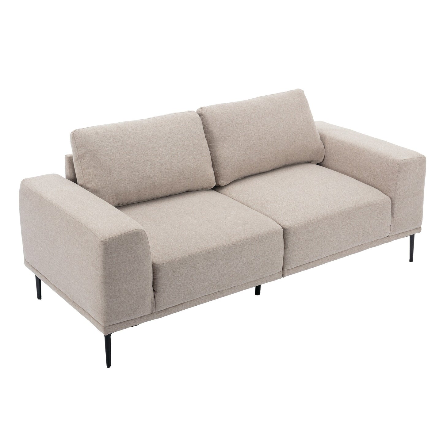 Canapé 2 places en tissu beige moderne de 190 cm avec pieds en fer et coussins confortables, pour salon, appartement ou chambre.