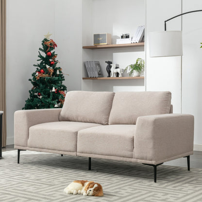 Canapé 2 places en tissu beige moderne de 190 cm avec pieds en fer et coussins confortables, pour salon, appartement ou chambre.