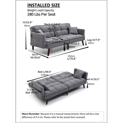 Canapé-lit causeuse beige 75,6 pouces en chenille avec port de chargement USB et dossier réglable pour le salon