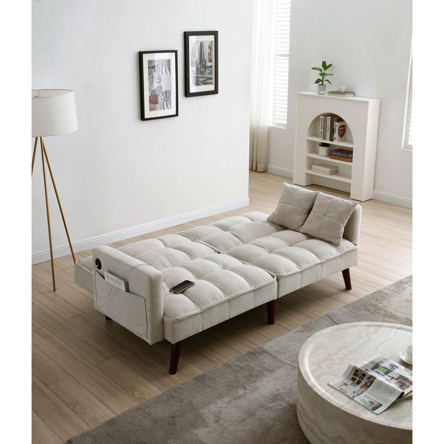 Canapé-lit causeuse beige 75,6 pouces en chenille avec port de chargement USB et dossier réglable pour le salon