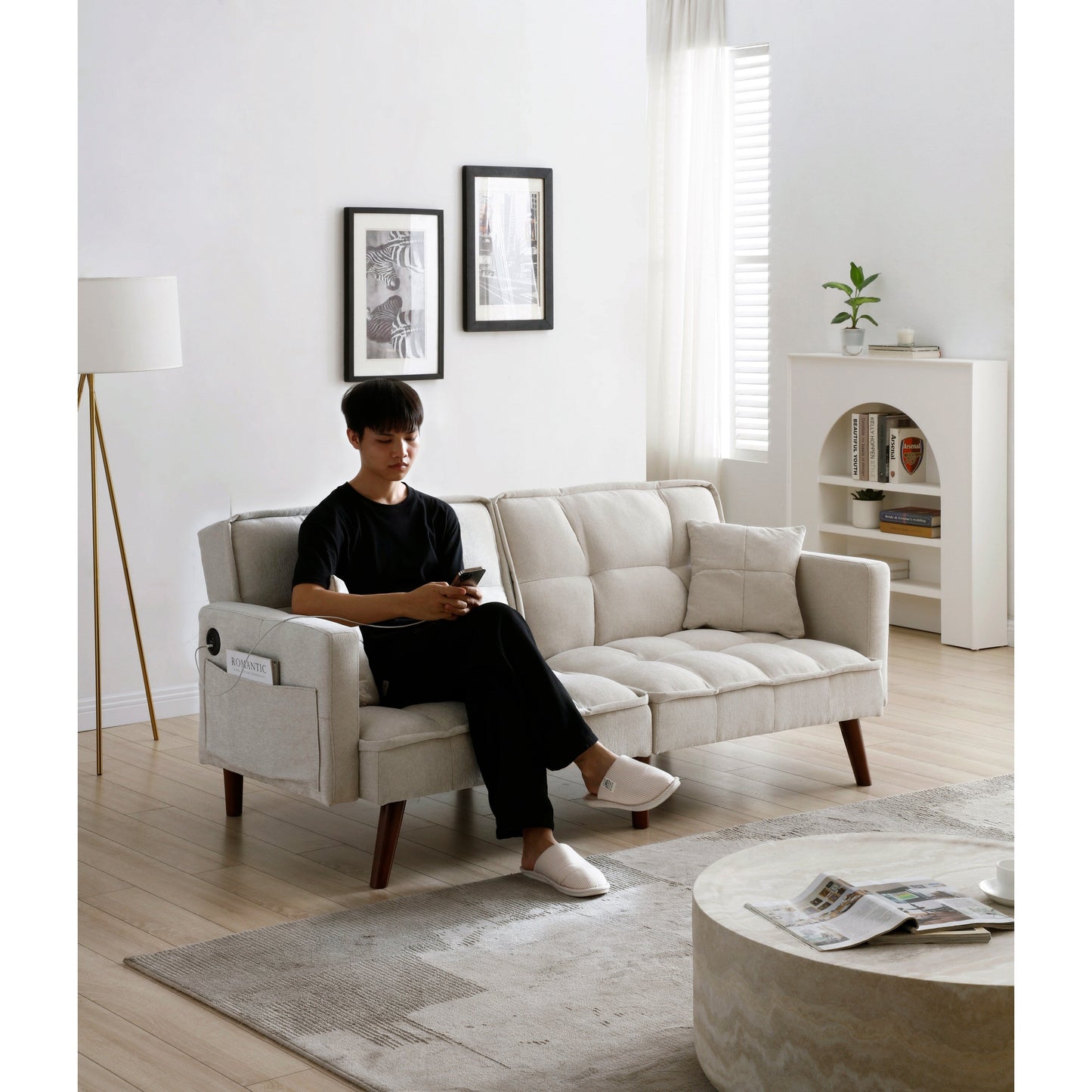 Canapé-lit causeuse beige 75,6 pouces en chenille avec port de chargement USB et dossier réglable pour le salon