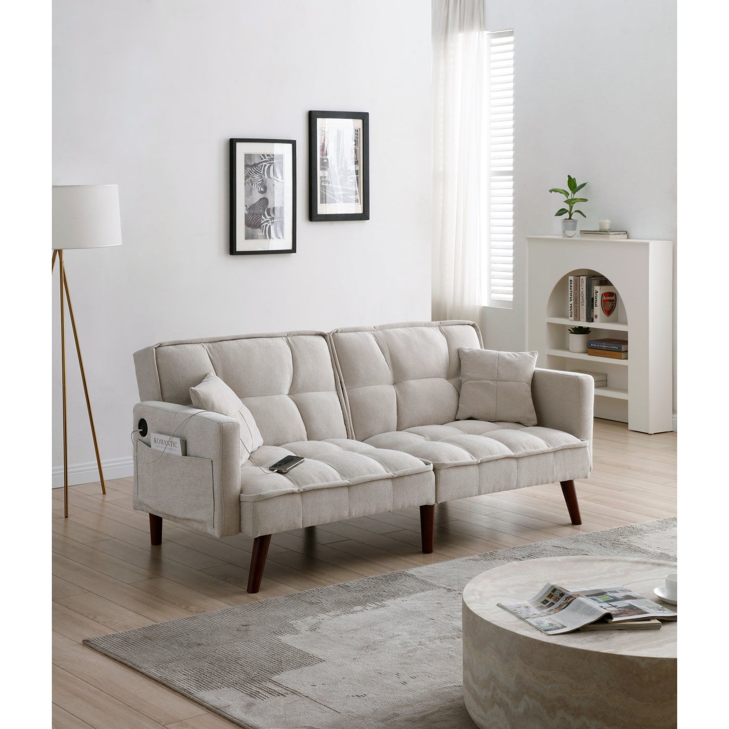 Canapé-lit causeuse beige 75,6 pouces en chenille avec port de chargement USB et dossier réglable pour le salon