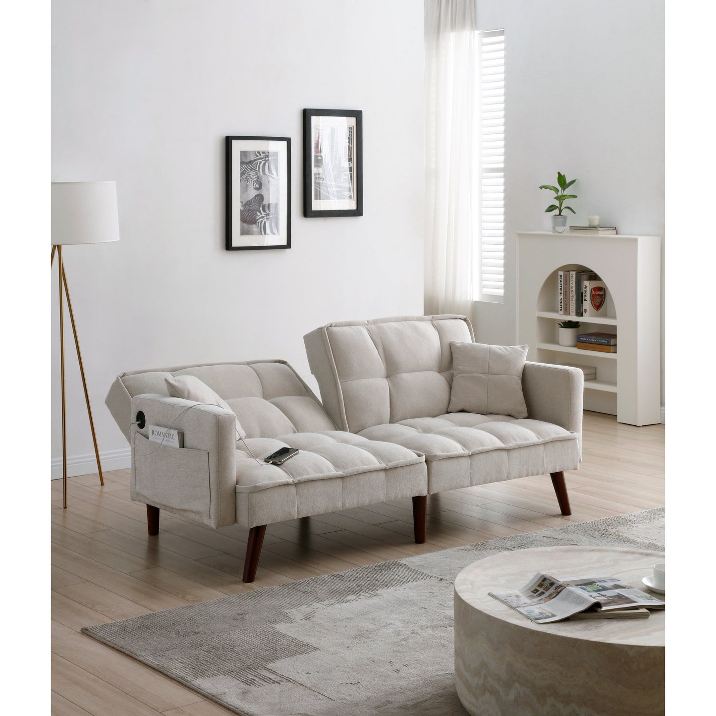 Canapé-lit causeuse beige 75,6 pouces en chenille avec port de chargement USB et dossier réglable pour le salon