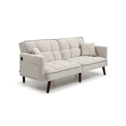 Canapé-lit causeuse beige 75,6 pouces en chenille avec port de chargement USB et dossier réglable pour le salon