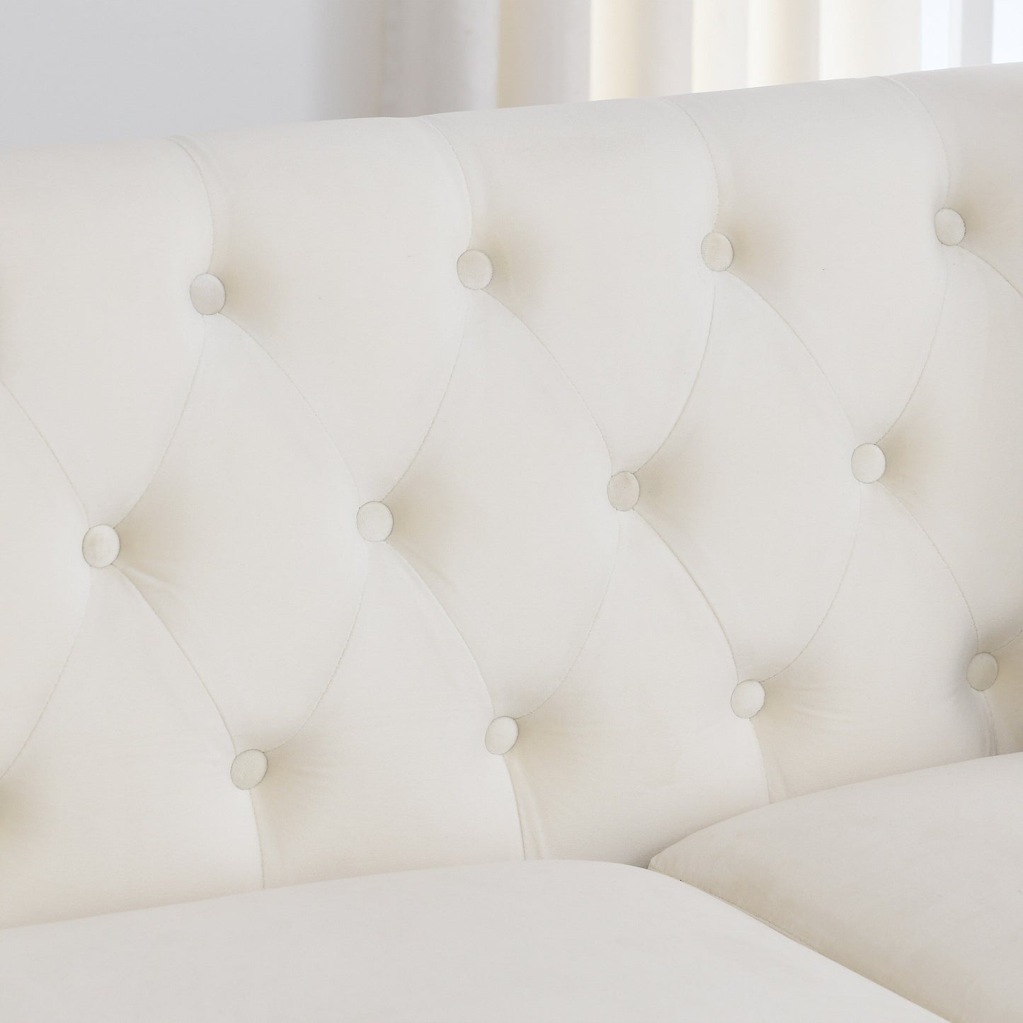 Canapé 3 places en velours beige de 77 pouces avec dossier capitonné et coussins