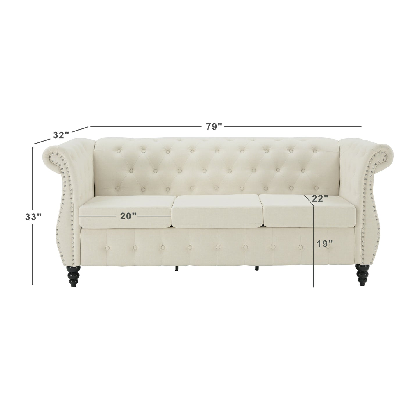 Canapé Chesterfield 3 places en lin beige de 78,7 po avec accoudoirs roulés capitonnés à boutons, garniture cloutée et pieds tournés en bois