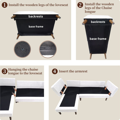 Canapé sectionnel 3 places en L en lin beige 80 avec méridienne réversible, coussins d'assise capitonnés et cadre en bois robuste