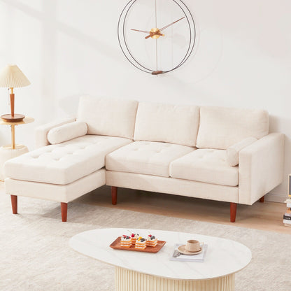 Canapé sectionnel 3 places en L en lin beige 80 avec méridienne réversible, coussins d'assise capitonnés et cadre en bois robuste
