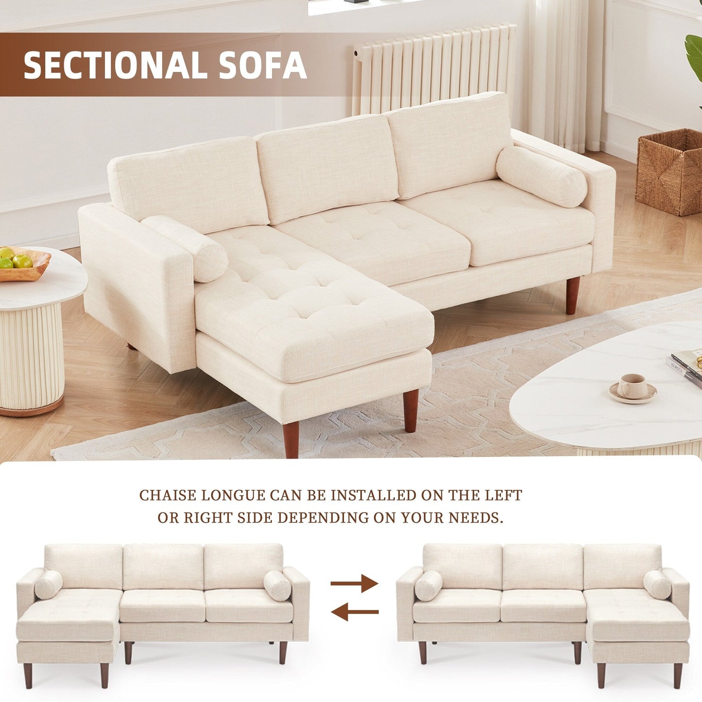 Canapé sectionnel 3 places en L en lin beige 80 avec méridienne réversible, coussin d'assise capitonné et cadre en bois robuste