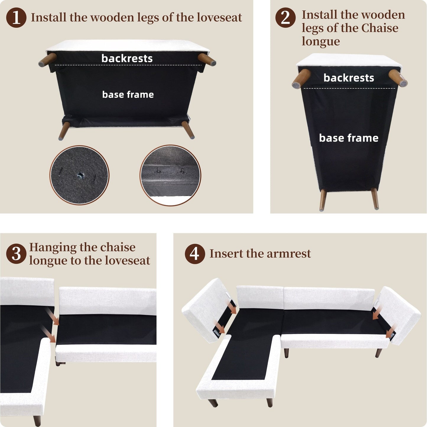 Canapé sectionnel 3 places en lin beige de 80 pouces avec méridienne réversible et cadre en bois robuste