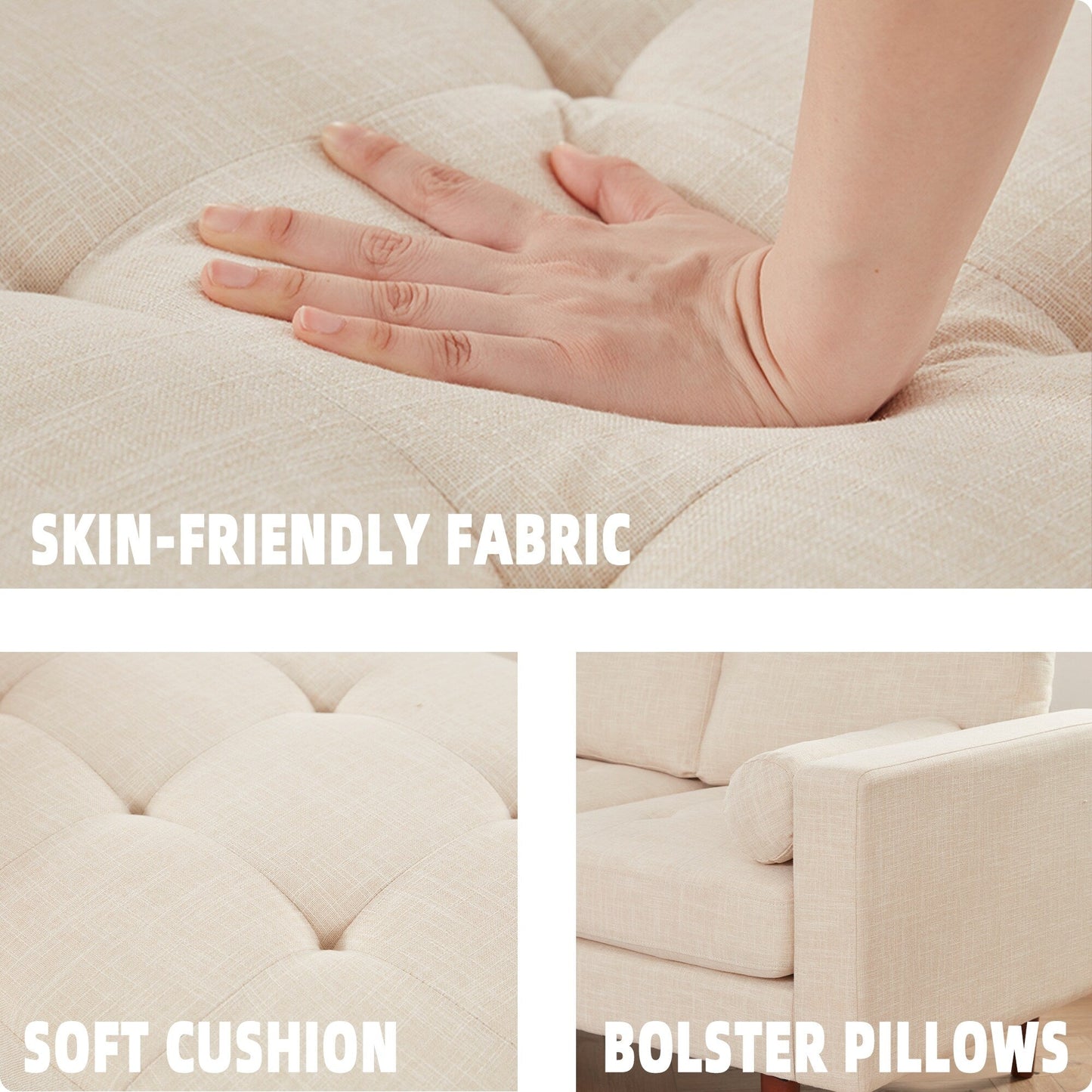 Canapé sectionnel 3 places en L beige 80'' en lin avec méridienne réversible et cadre en bois