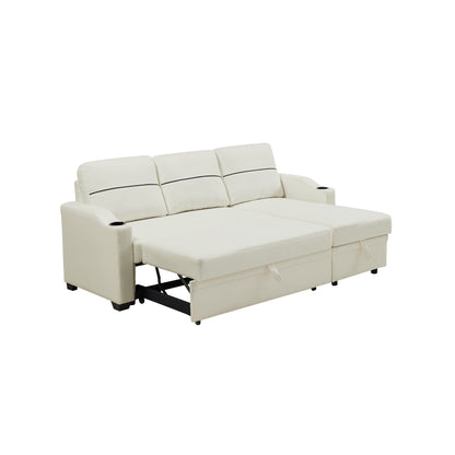 Canapé 3 places beige de 81,9 pouces avec méridienne, rangement et design facile à déplacer avec pieds en plastique et roulettes en caoutchouc