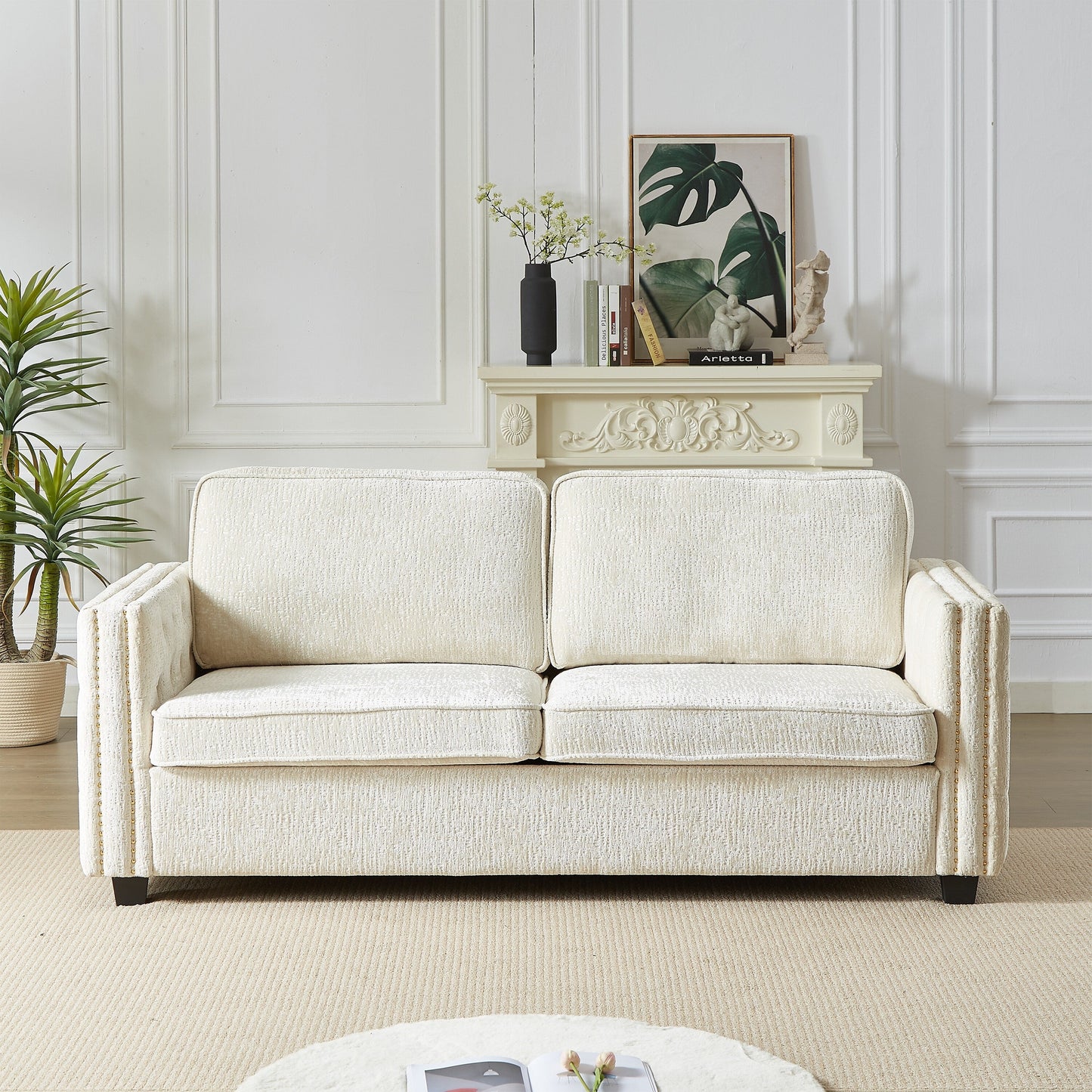 Canapé-lit 3 places beige 81 Chenille Nailheads avec matelas en mousse à mémoire de forme pour le salon