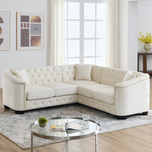 Canapé Chesterfield 5 places en L en velours beige de 82 po avec garniture cloutée, coussins amovibles et 3 oreillers