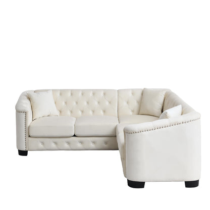 Canapé d'angle Chesterfield en velours beige de 82 po en forme de L avec 3 oreillers, coussins amovibles et garniture cloutée